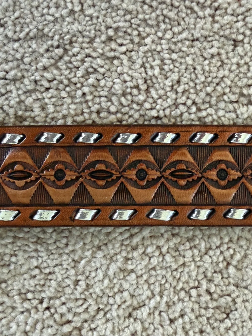 Men's Brown Leather Western Belt with Silver Trim & Decorative Blue Stone Buckle